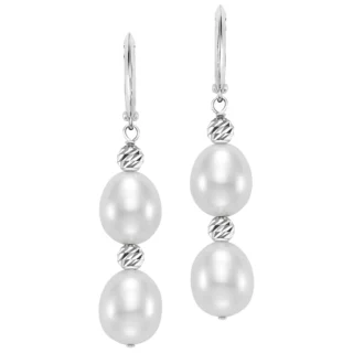 14KT White Gold Cultured Freshwater Pearls With Multi-Cut Gold Bead Drop Earrings