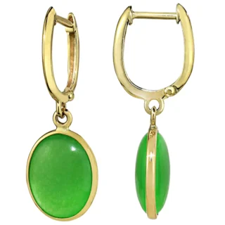 14KT Yellow Gold Dyed Green Jade Oval Bezel Hoop Earrings