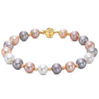 18KT Yellow Gold 8-8.5mm Cultured Freshwater Pearl & Multi Cut Beads Ball Clasp Bracelet