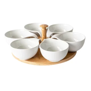 Overandback Bamboo Lazy Susan with 6 Porcelain Dishes